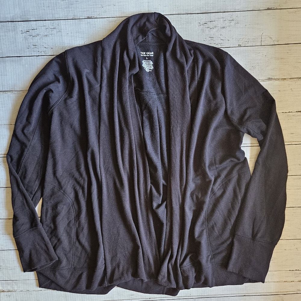 TEK GEAR Women's‎ On the Go Open Cardigan Pockets Stretch, Size Large Black